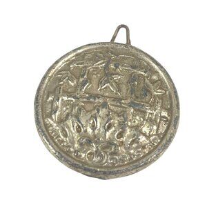 Antique Round Metal Pendant Intricate Floral & Bird Design 2''  Vintage Charm